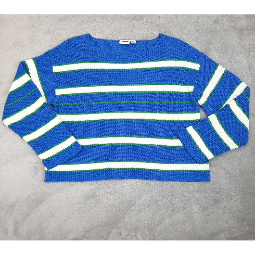 Noisy May Sweater Blue White Green Stripes Womens Large Preppy Coastal Nautical